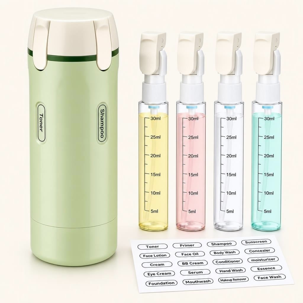 Set completo en verde salvia: dispensador, cuatro botellas de 30 ml y pegatinas identificativas