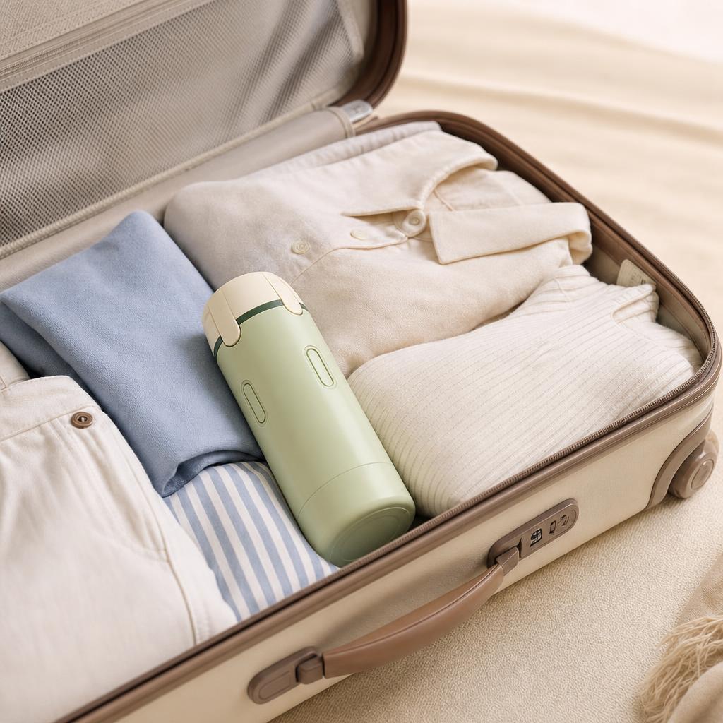 El dispensador colocado en una maleta de mano